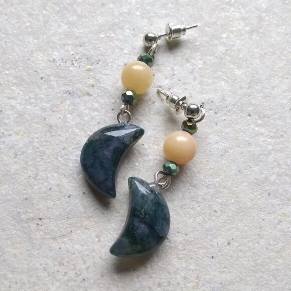 Dark Green Moss Agate Moons + Citrine Beads ~ Unique & Handmade Dangle Earrings - Picture 4 of 8